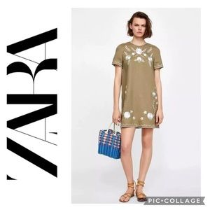 ZARA | Embroidered Floral 100% Linen Taupe Short Sleeve Boho Shift Dress